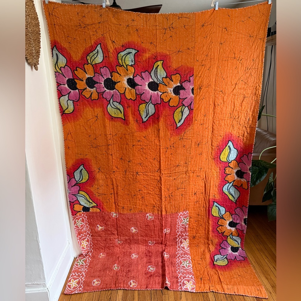 Vintage kantha quilt, twin cotton throw, boho beach blanket